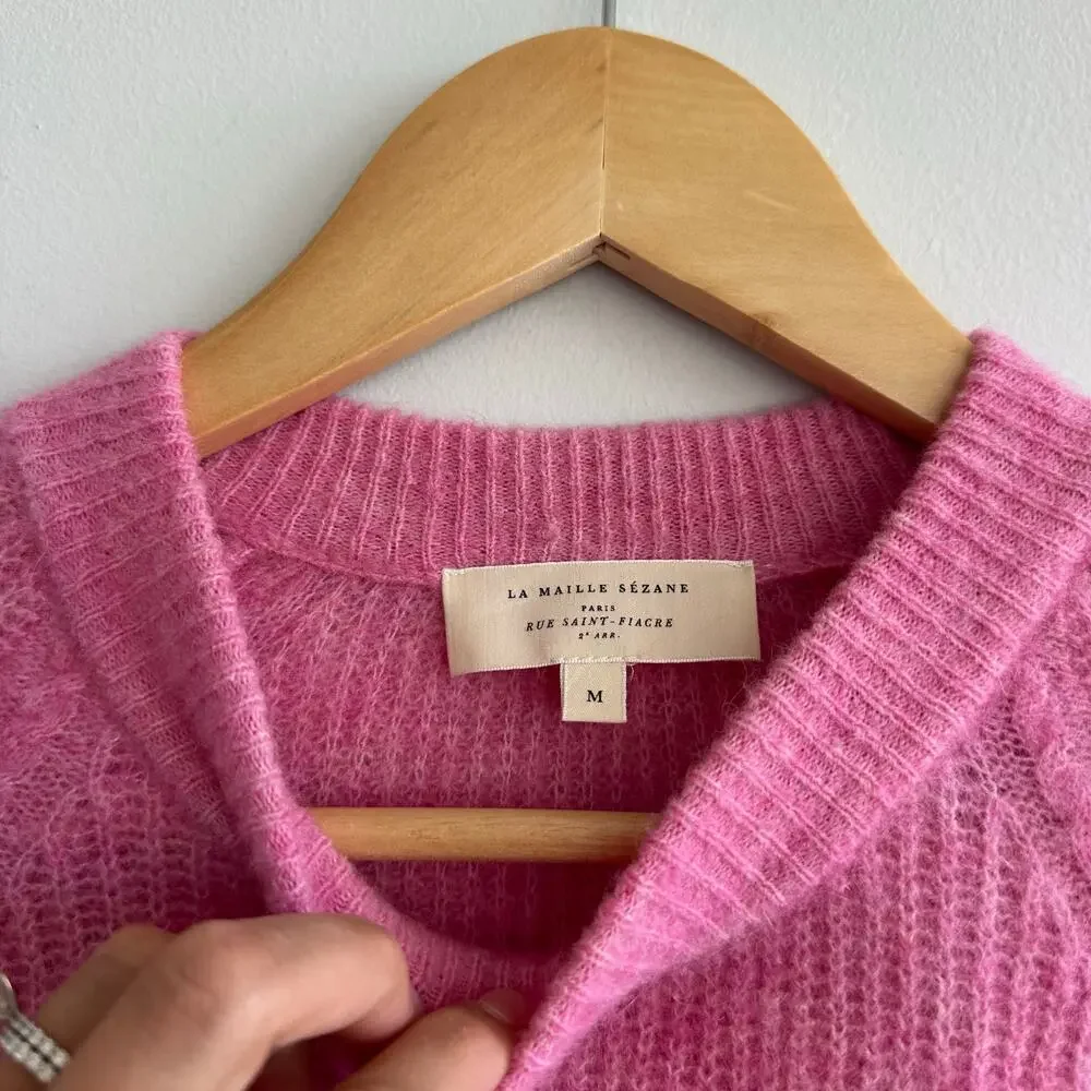 Sezane Pink Ribbed Crewneck Sweater